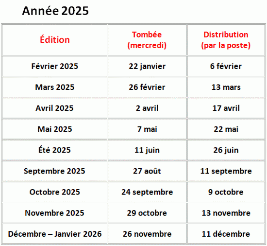 Date de tombée du journal "Ensemble pour bâtir" - Année 2025